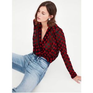 Zara red polka dot faux wrap sheer top